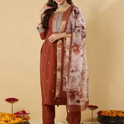 MOKOSH Floral Embroidered Straight Kurta With Trousers And Dupatta-image-83