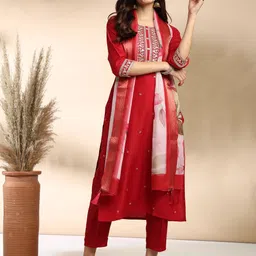 MOKOSH Zari Embroidered Straight Kurta With Trouser And Dupatta-image-22