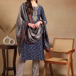 KALINI Floral Embroidered Round Neck Straight Kurta With Trousers & Dupatta-picture-23