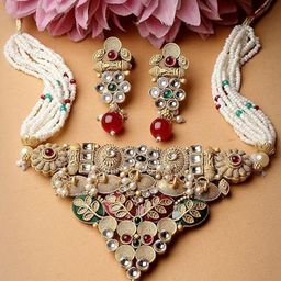 ORANGENYSHA Gold-Plated Kundan-Studded & Beaded Jewellery Set-image-14