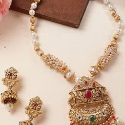 ORANGENYSHA Gold-Plated Kundan-Studded & Beaded Jewellery Set-picture-4