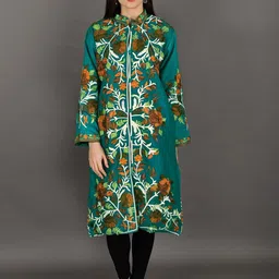 Exotic India Women Floral Woollen Longline Open Front Jacket with Embroidered-14