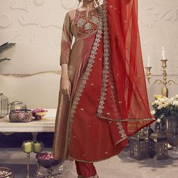 Inddus Women Floral Yoke Design Thread Work A-Line Crushed Organza Kurta Set-image-57