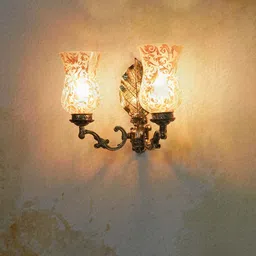 Fos Lighting Gold-Toned Classic Betel Leaf Aluminium 2 Light with Etched Glass Wall Lamp-picture-45