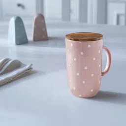 ellementry Pink Polka Dots Printed Tall Ceramic Mug With Lid-55