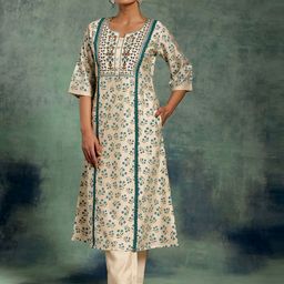 Libas Beige Floral Printed Thread Work Panelled A-Line Kurta With Palazzos-28