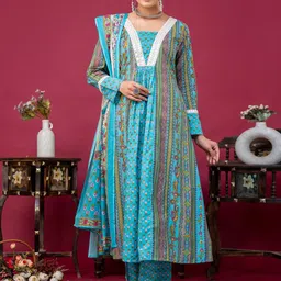 mokshi Ethnic Motifs Printed Pleated Pure Cotton Kurta with Palazzos & Dupatta-image-6