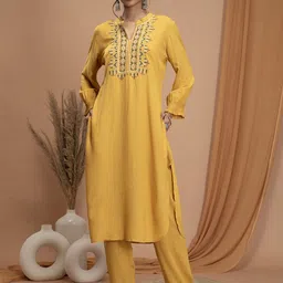 Nayam By Lakshita Geometric Yoke Design Thread Work Straight Kurta with Palazzos-17