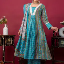 mokshi Ethnic Motifs Printed Pleated Pure Cotton Kurta with Palazzos & Dupatta image 2