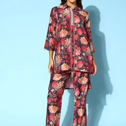 Anouk Maroon Floral Printed Lace Detail Shirt With Trousers-picture-14