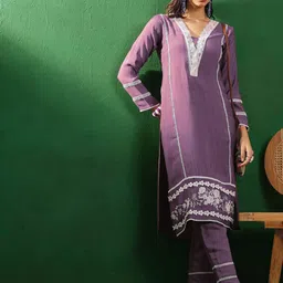 Sangria V-Neck Long Sleeves Embroidered Thread Work Staright Kurta Set-picture-36