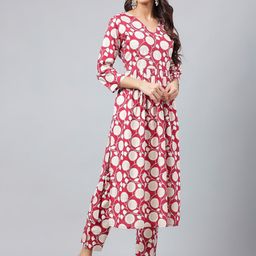 Janasya Pure Cotton Floral Printed Pleated A-Line Tunic with Trousers-picture-17
