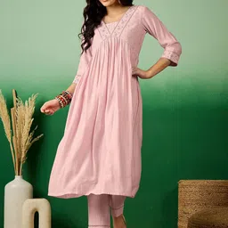 Sangria Pink Floral Embroidered A-line Kurta With Trousers-picture-33