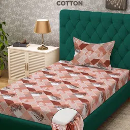 KLOTTHE Rust & White Printed Pure Cotton 400TC Single Fitted Bedsheet & 1 Pillow Cover-picture-8