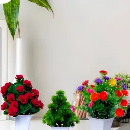 GW CREATIONS Red & Green 3 Pieces Berry Artificial Flowers With Pots-55