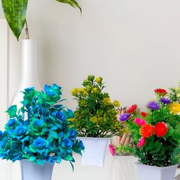 GW CREATIONS Blue & Green 3 Pieces Berry Artificial Flowers With Pots-13