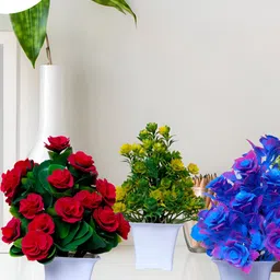 GW CREATIONS Blue & Green 3 Pieces Berry Artificial Flowers With Pots-45