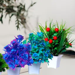 GW CREATIONS Blue & Green 4 Pieces Berry Artificial Flowers With Pots-9
