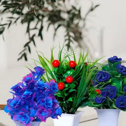 GW CREATIONS Blue & Green 4 Pieces Berry Artificial Flowers With Pots-picture-16