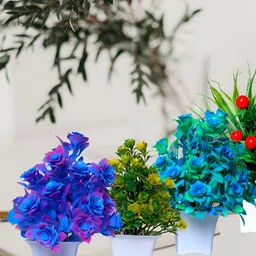GW CREATIONS Yellow & Blue 4 Pieces Berry Artificial Flowers With Pot-31