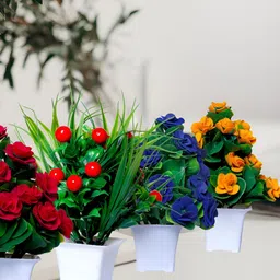 GW CREATIONS Red & Yellow 4 Pieces Berry Artificial Flowers With Pot-picture-51