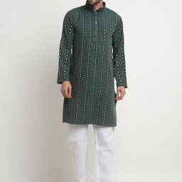 Arrabi Striped Mandarin Collar Regular Pure Cotton Kurta with Pyjamas-picture-52