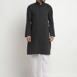 Arrabi Striped Mandarin Collar Regular Pure Cotton Kurta with Pyjamas-picture-26