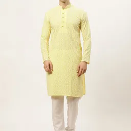 Jompers Men Yellow Ethnic Motifs Embroidered Thread Work Pure Cotton Kurta with Churidar-picture-0