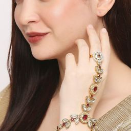 OOMPH Women Gold-Toned & White Kundan Handcrafted Ring Bracelet-19