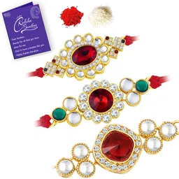 Sukkhi Rakhi Men Set Of 3 Gold-Plated Red & White Stone-Studded Rakhi With Roli Chawal & Greeting Card-58