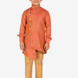 Pro-Ethic STYLE DEVELOPER Boys Rust & Golden Angrakha Pure Silk Kurta with Pyjamas-image-14