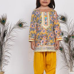 Little Bansi Girls Yellow Floral Printed Kurti with Salwar & With Dupatta-image-65