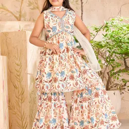 BAESD Girls Floral Printed Mirror Work Pure Silk Kurta With Sharara & Dupatta-picture-55