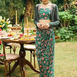 Global Desi Floral Printed Shoulder Strap Neck Crop Top & Shrug With Skirt Co-Ords-33