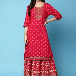 V-Mart Ethnic Motifs Printed Thread Work Straight Kurta With Skirt & Dupatta-image-20