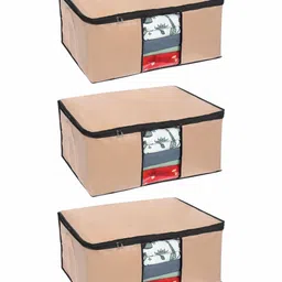 prettykrafts Set Of 3 Beige Solid Underbed Large Storage Bags With Transparent Window-26