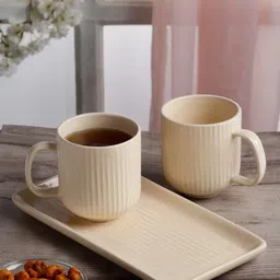 Arrabi Cream Coloured 3 Pieces Textured Ceramic Dishwasher Safe Glossy Mugs With Tray-10