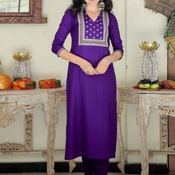 ELVISH JAIPUR Floral Embroidered V-Neck Straight Kurta with Trousers-picture-29