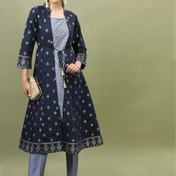 Vishudh Women Navy Blue Ethnic Motifs Printed Kurta with Trousers & With Jacket-picture-0