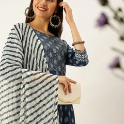 SHOWOFF Women Blue Ethnic Motifs Yoke Design Sequinned Kurta with Trousers & With Dupatta-12