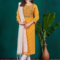 ARADHNA Women Bandhani Embroidered Regular Sequinned Kurta with Trousers & With Dupatta-image-62