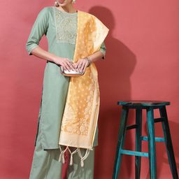Vishudh Women Green Ethnic Motifs Yoke Design Panelled Kurta with Trousers & Dupatta-picture-10