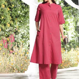 QUEENLEY Striped Regular Kantha Work Pure Cotton Kurta with Trousers-image-36