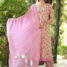 SINGNI Floral Printed Regular Anarkali Kurta with Trousers & With Dupatta-image-84
