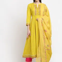 KALINI Women Mustard Yellow Floral Printed Kurta with Trousers & Dupatta-picture-7