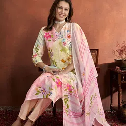 Anouk Green Embroidered Straight Beads & Stones Linen Kurta with Trousers & Dupatta-picture-35