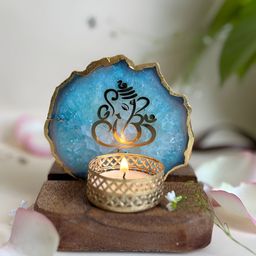 HOMEARTE Turquoise Blue & Gold-Toned Ganesh Ji Printed Wooden Tea Light Candle Holder-image-79