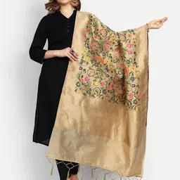 ESCORA Floral Woven Design Zari Silk Dupatta-image-77