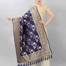 Silk Land Navy Blue & Gold-Toned Woven Design Jacquared Banarasi Dupatta with Zari-17