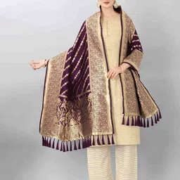 Silk Land Burgundy & Gold-Toned Woven Design Art Silk Dupatta with Zari-picture-48